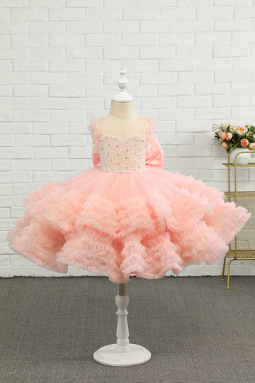 Vestido de menina de flor de tulle de missanga rosa com arco